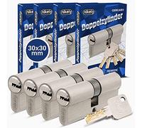 GERCAR Pro Juego de 4 cerraduras cilíndricas de latón niquelado mate 30/30 - 4x cilindro de cerradura/ cerradura de barril 60 mm con botón para puerta - con 10 llaves - Longitud: 60 mm, A: 30 B: 30