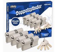 GERCAR Pro Juego de 4 cilindros de cerradura perfilados, 35/40, de cierre simultáneo, macizos, cilindro doble, latón mate, incluye 10 llaves reversibles, longitud: 75 mm, A: 35, B: 40-4x