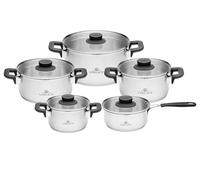Gerlach 1760 Juego Ollas Cocina 10 Piezas - Acero Inoxidable - Sistema de Drenaje y Fondo Grueso Full Induction - Mangos que no se Calientan - Compatible con Todos los Tipos de Cocinas - Pure