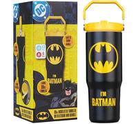 Get Trend DC Comics Batman Vaso Termico con Asa y Pajita 850 ml, Termo Cafe Doble Pared, Acero Inoxidable Sin BPA para Llevar, Botella Agua Mantiene Frio 12h y Calor 5h (Negro Batman)