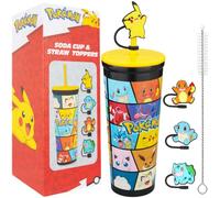 Get Trend Pokemon Vaso Termico Acero Inoxidable con Pajita y Toppers 600 ml | Taza Termica con Tapa de Rosca sin BPA, Pikachu, Bulbasaur, Charmander, Squirtle, Frío 12 h, Doble Pared, Cepillo de Limpieza