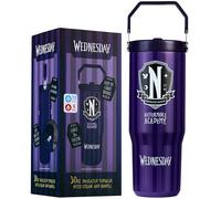 Get Trend Wednesday Botella Termica con Pajita y Asa 850ml, Vaso Térmico Antigoteo Reutilizable, Taza Acero Inoxidable, Bebidas Frías y Calientes (Morado Wednesday)