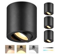 GeyouLux Focos LED de Superficie Negro Regulables, Ø80x84mm Focos de Techo Redondos, Orientables 30°, con Módulo LED 5W 500LM 230V, 3CCT 3000K/4000K/6500K, 4 Unidades