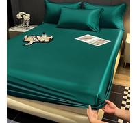 Gezu Sábana Bajera 160 x 202 cm, satin de seda verde oscuro brillante, suave y cómodo, transpirable, de microfibra, sábana ajustable para colchón de 160 x 200, apta para colchón de boxspring, topper y
