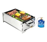 GFTIME Barbacoa de gas portátil, barbacoa de camping, funcionamiento de gas y carbón vegetal, incluye placa de hierro fundido, bolsa de transporte, barbacoa portátil pequeña, perfecta para camping