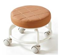 GGoty Taburete redondo de piel sintética con ruedas, ruedas universales giratorias de 360°, asiento acolchado grueso para el hogar, oficina, pedicura, cambio de zapatos (marrón, 25 x 22 cm)