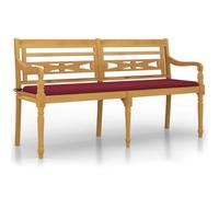 GHVBNMF Batavia - Banco de jardín con cojín (150 cm, madera de teca maciza) | Elegante asiento de madera de teca pulida, incluye cojín de asiento rojo vino para terraza, porche y jardín.