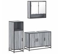GHVBNMF Juego de muebles de baño 3 piezas gris Sonoma Lavadero madera metal | Práctica combinación de baño con armario con espejo, armario bajo y armario auxiliar para un orden claro en el baño.