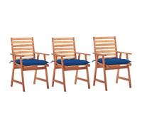 GHVBNMF Sillas de jardín 3 PCS. con cojín de madera maciza de acacia | Sillas rústicas de madera con cojines azules y reposabrazos para terraza, balcón y porche al aire libre.