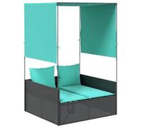 GHVBNMF Tumbona doble con cortinas de techo de polirratán, color negro y | Acogedor cama para 2 personas para jardín y terraza con cojín suave y flexible juego de cortina de protección solar