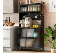 GIANTEX Aparador Buffet de Cocina 5 Niveles con Ruedas, Estantería de Microondas con Puertas Abatibles y Ganchos, 80x40x160 cm, Mueble de Almacenamiento para Comedor, Salón (Negro)