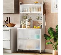 GIANTEX Aparador Buffet de Cocina 5 Niveles con Ruedas, Estantería de Microondas con Puertas Abatibles y Ganchos, 80x40x160 cm, Mueble de Almacenamiento para Comedor, Salón (Blanco)