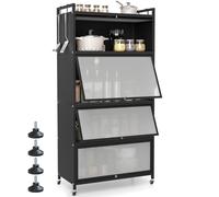 Giantex Aparador Buffet de Cocina con 4 Compartimentos, Armario de Metal con Puertas Abatibles, 4 Ganchos y 4 Ruedas y 4 Patas, Kit Antivuelco, 80,5x40x162cm, Estantería para Comedor, Salón (Negro)