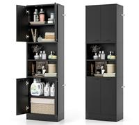 GIANTEX Armario Alto de Baño, 56 x 30 x 190 cm, Mueble de Almacenamiento con 4 Puertas y 2 Compartimentos Abiertos, con Kit Antivuelco, Organizador con 6 Estantes para Baño, Cocina (Negro)