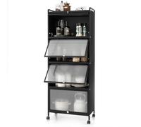 GIANTEX Armario de Cocina de Metal con 4 Compartimentos, 60 x 32 x 154 cm, 4 Puertas Abatibles de PC, Armario de Almacenamiento con 4 Ruedas con Kit Antivuelco, para Cocina, Comedor (Negro)