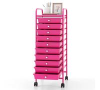 GIANTEX Carro de Almacenamiento 10 Cajones, Estantería con 4 Ruedas (2 con Frenos), Carrito de Plástico con Marco de Metal, Organizador para Oficina, Cocina, Baño, 33x37x86 cm (Rosa)