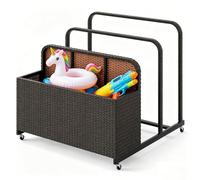 GIANTEX Carro de Almacenamiento para Piscina, Arcón Móvil con Cubo Abierto de Ratán y 2 Toalleros, 100 x 100 x 94 cm, Baúl de Exterior con 4 Ruedas para Salvavidas, Flotadores, Cojines (Marrón)