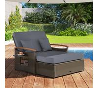 GIANTEX Conjunto de Muebles de Ratán para Jardín, Sofá de Ratán de 2 Plazas y Taburete, Sofá Cama con Estantes Laterales y Cojines, Tumbona Doble para Jardín, Balcón, Terraza (Gris)