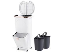 GIANTEX Cubo de Basura de Cocina 38L, Papelera de Reciclaje Vertical con Ruedas, 3 Cubos Extraíbles y Ganchos, Contenedor de PP con Tapas a Presión y Pedal, para Oficina, Baño (Blanco)
