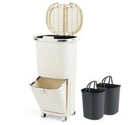 GIANTEX Cubo de Basura de Cocina 38L, Papelera de Reciclaje Vertical con Ruedas, 3 Cubos Extraíbles y Ganchos, Contenedor de PP con Tapas a Presión y Pedal, para Oficina, Baño (Crema)
