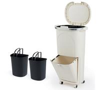 GIANTEX Cubo de Basura de Cocina 38L, Papelera de Reciclaje Vertical con Ruedas, 3 Cubos Extraíbles y Ganchos, Contenedor de PP con Tapa y Pedal, para Oficina, Baño (Crema)