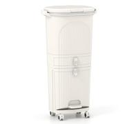 GIANTEX Cubo de Basura de Cocina 42 L, Papelera de Reciclaje Vertical con Ruedas, 3 Cubos Extraíbles, 1 Cajón y Ganchos, Contenedor de PP con Tapas y Pedal, para Oficina, Baño (Crema)