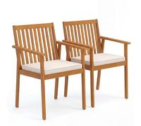 GIANTEX Juego de 2 sillas de comedor de madera de acacia con cojín acolchado, reposabrazos y patas ajustables, silla de cocina de hasta 180 kg, para patio, terraza, 64 x 59 x 86 cm (natural)