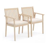 GIANTEX Juego de 2 sillas de comedor de madera de acacia con cojín acolchado, reposabrazos y patas ajustables, silla de cocina de hasta 180 kg, para patio, terraza, 64 x 59 x 86 cm (beige)