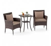 GIANTEX Juego de Muebles de Jardín 3 Piezas, 2 Sillones con Cojines y 1 Mesa con Tablero de Cristal, Conjunto de Muebles de Ratán para 2 Personas, Juego de Bistró para Balcón, Patio (Marrón+Marrón)