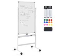 GIANTEX Pizarra Blanca Móvil de Doble Cara, 60 x 100 cm, Pizarra Magnética con Patas Ajustable en 2 Niveles, con Borrador en Seco, Marcadores Negros, Imanes, Pizarra de Caballete con Ruedas (Blanco)