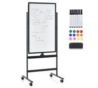 GIANTEX Pizarra Blanca Móvil de Doble Cara, 60 x 100 cm, Pizarra Magnética con Patas Ajustable en 2 Niveles, con Borrador en Seco, Marcadores Negros, Imanes, Pizarra de Caballete con Ruedas (Negro)