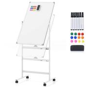 GIANTEX Pizarra Blanca Móvil de Doble Cara, 60 x 90 cm, Pizarra Magnética con Patas Ajustable en 2 Niveles, con Borrador en Seco, Marcadores Negros, Imanes, Pizarra de Caballete con Ruedas (Blanco)