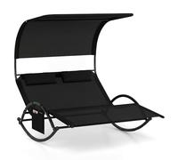 Giantex - Tumbona de jardín para 2 personas, bolsillo lateral, tumbona doble basculante, carga 300 kg, toldo parasol, 2 almohadas extraíbles, marco de metal, para jardín, color negro