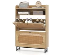 GIANTEX Zapatero de 4 Niveles con 2 Cajones Abatibles y 2 Estantes Abiertos, Cada Solpa con 2 Estantes, Puertas de Ratán, 80 x 24 x 115 cm, Armario de Zapatos para Entrada, Recibidor, Dormitorio