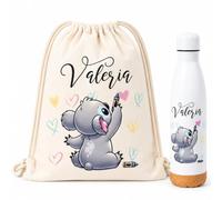 Gifters | Pack Mochila de Cuerdas y Botella Personalizados | Koala | Bolsa Infantil con Nombre 34 × 42 cm + Cantimplora Acero Inox 750 ml | Guardería, Colegio y Excursiones