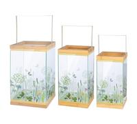 GILDE Juego de 3 portavelas con diseño de Flores Silvestres, bambú y Cristal, diseño de Flores, Verde, 3 tamaños, con asa