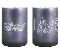 GILDE, vela decorativa cilíndrica, modelo "Family", con inscripción, de vidrio, color gris. Incluye 2 unidades como se muestra en la imagen. Altura: 18 cm, Diámetro: 12 cm. Código: 50692