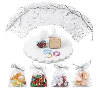 Giloty Bolsas de Organza Blanco 100PCS，Bolsas de Organza de Regalo con Cordón 7 x 9 cm，Redondo Tul Confetti blanco y 2 Rollos de Cinta para Boda Favores Joyas y Dulces