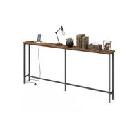 Ginhow Mesa consola de 180 cm de ancho con toma de corriente para la sala de estar, estante estrecho para pasillo con 2 USB y 2 enchufes, Mesa consola estrecha en marrón con metal negro, Mesa de