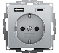 Gira 245926 - Toma de corriente Schuko con conector USB, protección táctil, 2 enchufes tipo A (máx. 2,4 A), tipo C (máx. 3 A), sistema 55 de aluminio, empotrable, con protección de contacto, enchufe