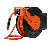 Giraffe Tools Carrete de manguera de aire retráctil de 15 m + 1 m, montado en la pared con mangueras híbridas de 3/8 pulgadas, carrete de manguera retráctil de compresor de aire, caja de acero
