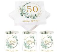 Glamifyr 20 servilletas 50 cumpleaños mujer + 8 portavelas decoración de mesa, servilletas Happy Birthday decoración 50 cumpleaños hombre servilletas eucalipto verde