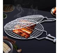 GLFLOW Rejilla doble para parrilla redonda de acero inoxidable, plegable, mango extraíble, bloqueable, para barbacoa y parrilla al aire libre, 55 x 28 x 1,8 cm