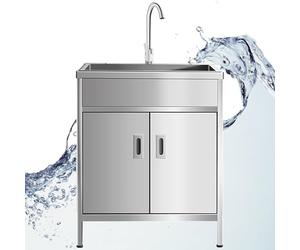 GLJTUO Mueble de Fregadero Exterior, Fregadero de Cocina Independiente de Acero Inoxidable con Grifo, Lavabo Individual para lavandería, Estilo rústico, Garaje.,68x45x80cm