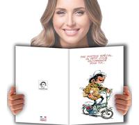 GLMX-2040 MAXI - Tarjeta gigante grande XXL Gaston LAGAFFE + sobre formato 32 x 23 cm - Feliz cumpleaños 1 año más bicicleta corazones besos humorísticos para niños o adultos H/F fabricada en Francia
