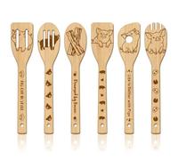GLOBLELAND Juego de 6 utensilios de cuchara de madera de cerdito dulce, bacon, bambú, utensilios de cocina, utensilios de cocina, juego de espátulas de cocina grabadas para la cocina, divertido regalo