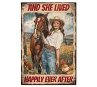 GLOBLELAND "Y ella vivió feliz para siempre" Letrero divertido de metal de caballo y mujer de estaño de 30x20 cm/12x8 pulgadas para señales de garaje, jardín, arte, placa, póster, decoración mural