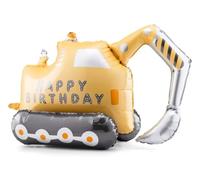 Globo de lámina XL con excavadora Happy Birthday Globo de pie para vehículos, obras, cumpleaños, niños, excavadora, 77 cm, con pajita de papel