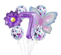 Globo de mariposa, 7 piezas de decoración de cumpleaños, mariposas moradas - XXL Margarita & Número 7 - Globos de aluminio, globos de confetis, decoraciones de fiesta de cumpleaños con temática floral