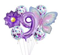 Globo de mariposa, 7 piezas decoración de cumpleaños, mariposas moradas - XXL Margarita & Número 9-Ballon de aluminio, globos de confetis, decoraciones de fiesta de cumpleaños con temática floral (9)